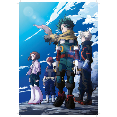 Quatro personagens de anime em pé com roupas coloridas contra um céu azul com nuvens