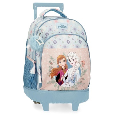 Mochila de carrinho azul e rosa com personagens de Frozen e pompom azul