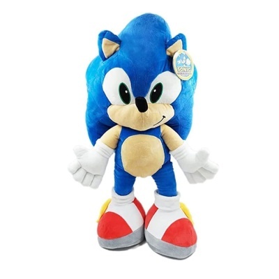 Pelúcia Sonic azul com barriga bege, luvas brancas e sapatos vermelhos e brancos