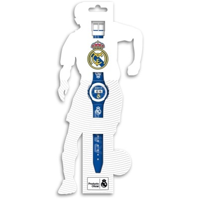 Relógio azul do Real Madrid em embalagem de cartão com forma de jogador de futebol