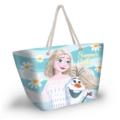 Saco de praia azul claro com ilustração da Elsa e Olaf e texto Summer Chill
