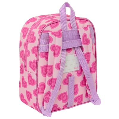 Mochila infantil rosa com corações e alças lilás