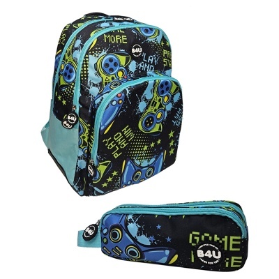 Mochila e estojo com design de videojogos em tons de azul e preto