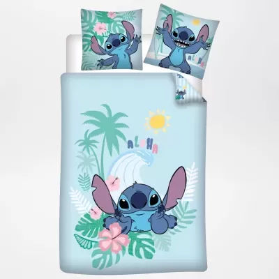 Roupa de cama infantil azul com Stitch, palmeiras e texto ALOHA
