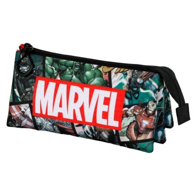 Estojo escolar Marvel com personagens coloridos e fecho preto
