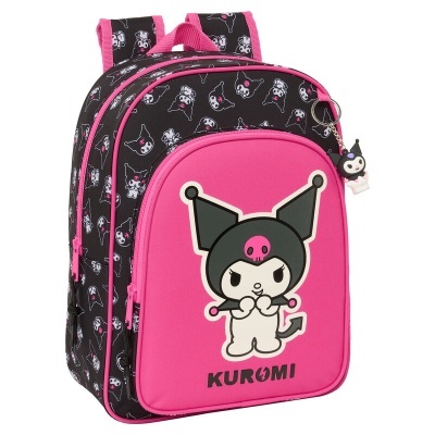 Mochila infantil Kuromi preta e rosa com personagem e chaveiro tema Kuromi