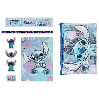 Conjunto escolar Stitch com régua, lápis, apontadores, borracha e estojo coloridos