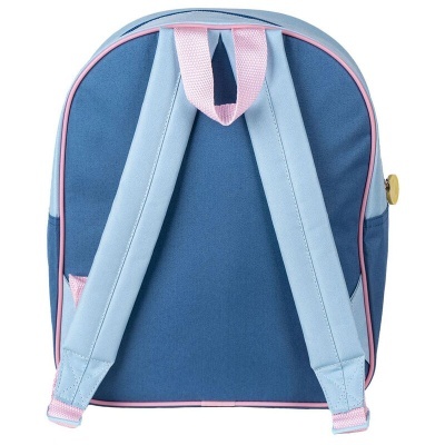 Mochila pequena azul com alças almofadadas azul claro e detalhe rosa vista de trás