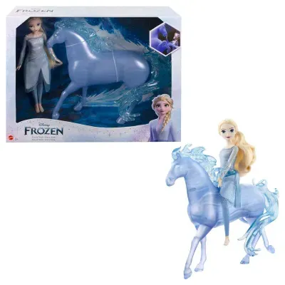 Boneca Elsa em roupa azul com cavalo azul translúcido em embalagem Disney Frozen