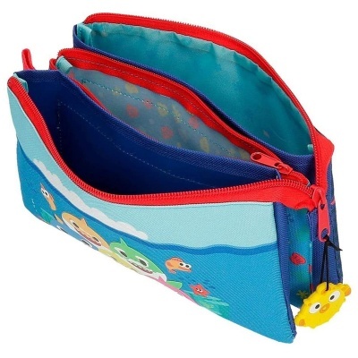 Estojo escolar azul com desenhos de peixes e puxadores amarelos em forma de peixe
