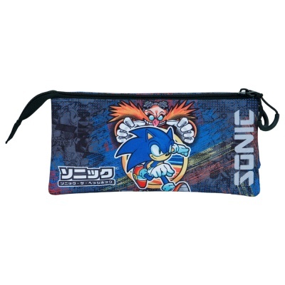 Estojo escolar azul com imagem de Sonic e Dr. Eggman e texto SONIC