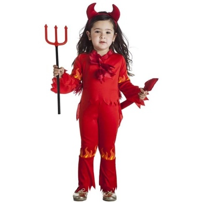 Fato de diabo infantil vermelho com chifres, tridente e cauda