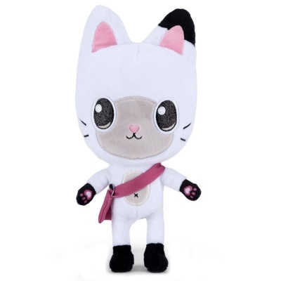 Boneco de pelúcia de gato branco com bolsa rosa