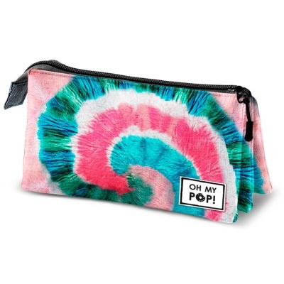 Estojo escolar colorido com padrão tie-dye e texto OH MY POP!