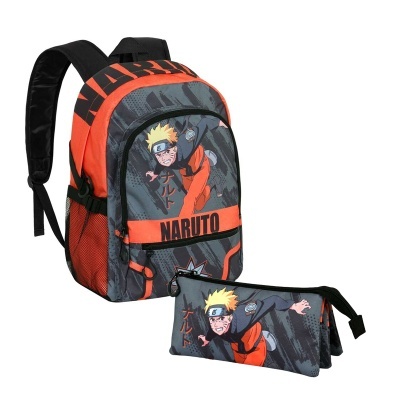 Mochila e estojo Naruto em preto, vermelho e cinza, com alças acolchoadas e fecho de correr