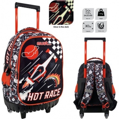 Mochila de rodinhas preta com detalhes vermelhos, padrão de corridas e texto 'HOT RACE'.