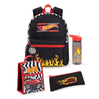 Conjunto Hot Wheels com mochila preta, lancheira, estojo e garrafa