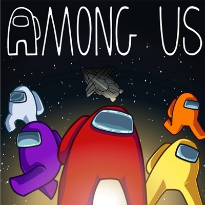 Personagens coloridos do jogo Among Us no espaço com texto AMONG US