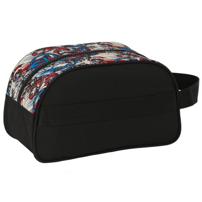 Necessaire ou estojo estampado colorido com fundo preto e alça lateral