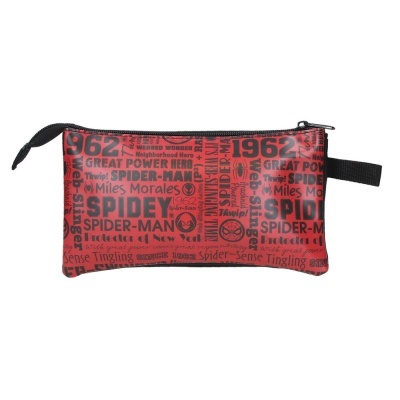 Estojo vermelho com padrão de texto e imagens do Spider-Man em preto