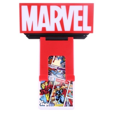 Suporte para smartphone de mesa vermelho com estampa de quadrinhos Marvel.