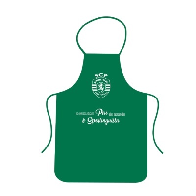 Avental verde do Sporting com texto branco e emblema SCP