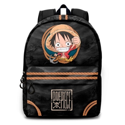 Mochila preta com estampa de personagem anime e logo One Piece