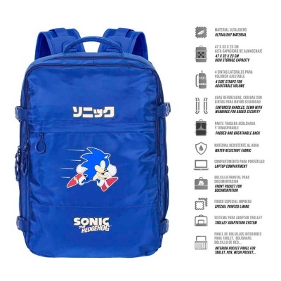 Mochila azul com estampa do Sonic e texto explicativo ao lado