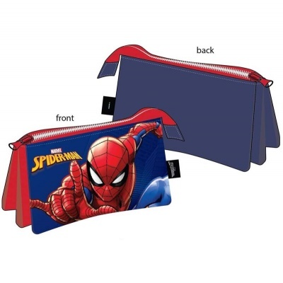 Estojo escolar azul e vermelho com imagem do Homem-Aranha e texto Marvel Spiderman