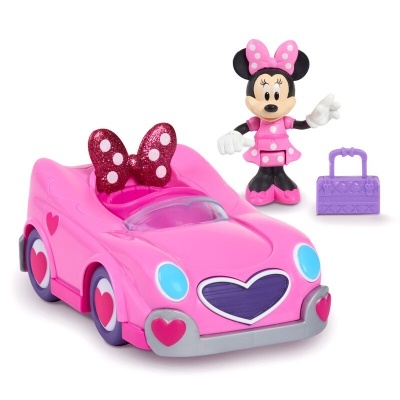 Brinquedo com carro rosa, figura Minnie Mouse e mala roxa