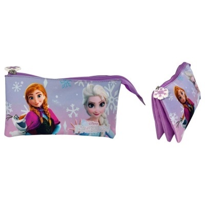 Estojo Disney Frozen com personagens Anna, Elsa e Olaf em fundo lilás