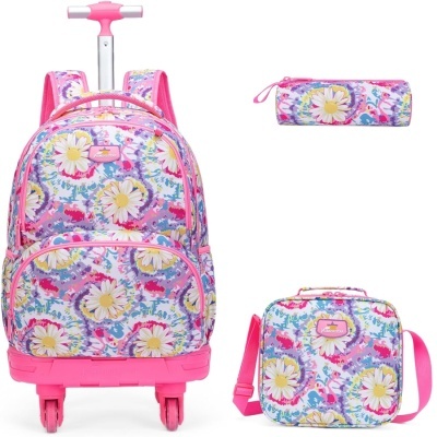 Conjunto mochila com rodas, estojo e lancheira coloridos com padrão de flores.