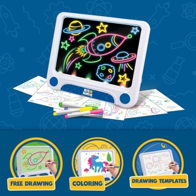 Quadro de desenho luminoso BIG MINDS com desenhos coloridos de espaço e materiais de desenho