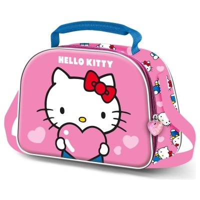 Mala rosa Hello Kitty com alça azul e padrão de corações