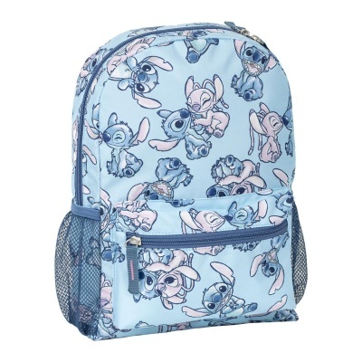 Mochila azul clara com padrão de personagens Stitch e bolso frontal