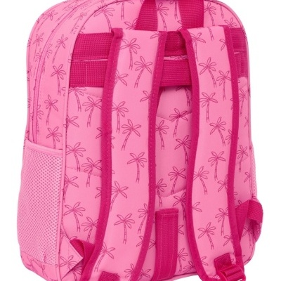 Mochila cor-de-rosa com padrão de palmeiras e alças rosa escuras