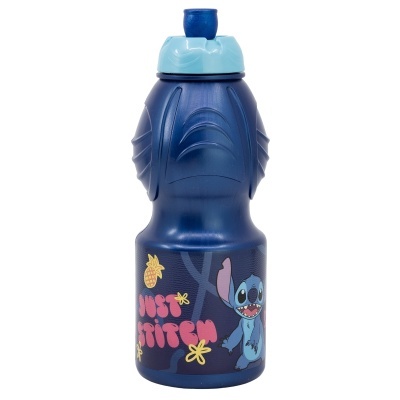 Garrafa desportiva azul escuro com personagem Stitch e texto