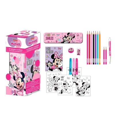 Conjunto escolar Minnie com lápis, canetas, estojo rosa, caderno e folhas para colorir
