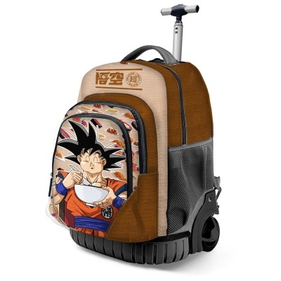 Mochila trolley castanha e bege com desenho de personagem de desenho animado e texto em chinês