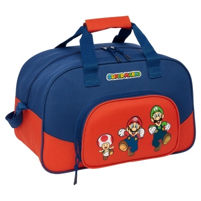 Mala desportiva azul e vermelha com personagens Super Mario e texto SUPER MARIO