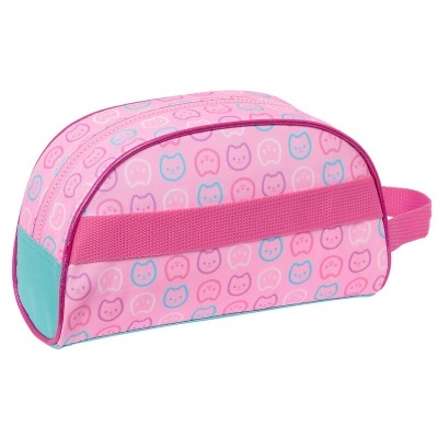 Estojo rosa com padrão de gatos e faixa cor-de-rosa