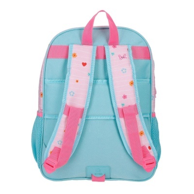 Mochila azul clara com alças rosa e desenhos florais vista de trás.