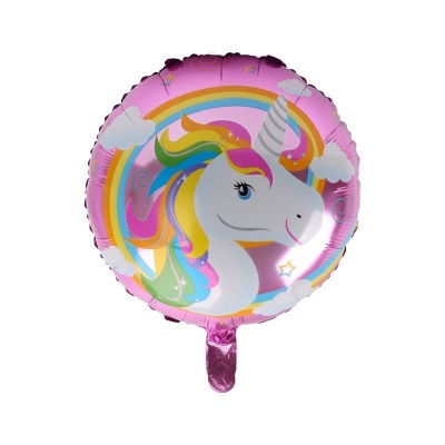 balão redondo alumínio rosa com unicórnio colorido e arco-íris