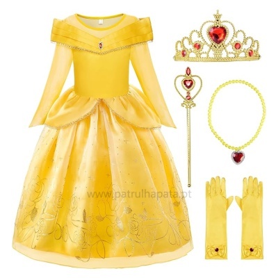 Conjunto de vestido amarelo de princesa com tiara, cetro, colar e luvas amarelas