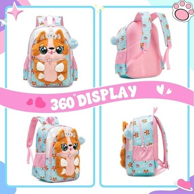 Mochila infantil rosa e azul com estampa de cachorro e boneco pelúcia frontal