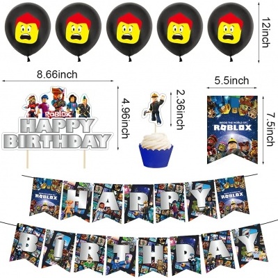 Decoração festa ROBLOX com balões pretos, placas 'HAPPY BIRTHDAY' e bandeiras azuis