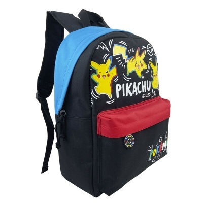Mochila infantil com estampas do Pikachu em preto, azul e vermelho