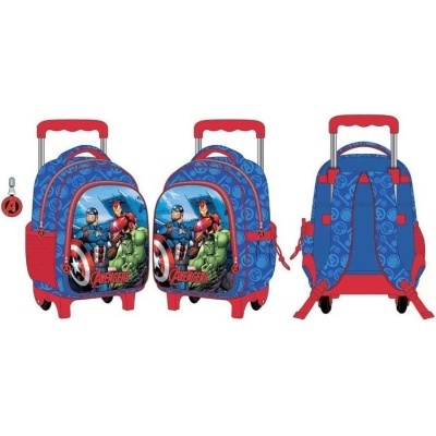 Mochila infantil Avengers azul e vermelha com rodinhas e alças ajustáveis