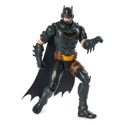 Figura de ação do Batman com capa preta e armadura cinza-escura