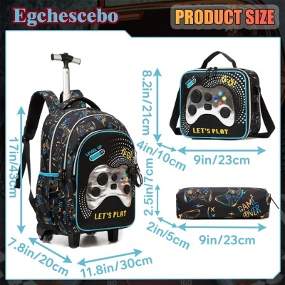 mochila de rodinhas, lancheira e estojo com tema de videojogos preto com detalhes coloridos